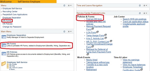 Image of the left navigation of the CAPPS home page. The image shows a highlighted box around the HR Forms link in the Main Menu box, the HR Forms link in the Enterprise Menu box, and the Find an HR form link in the Featured Links section.