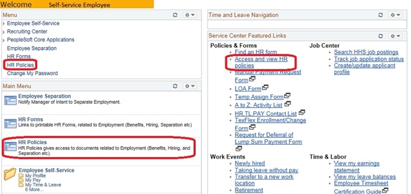 Image of the left navigation of the CAPPS home page. The image shows a highlighted box around the HR Policies link in the Main Menu box, the HR Policies link in the Enterprise Menu box, and the Access and view HR policies link in the Featured Links section.