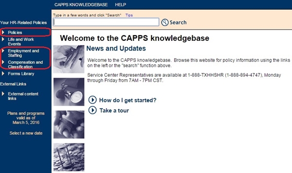 Image of the Knowledgebase home page. The image shows a highlighted box around the Policies, Employment and Staffing, and Compensations and Classification drop-down menus.