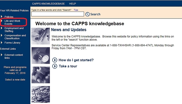 Image of the Knowledgebase home page. The image shows a highlighted box around the Policies, Employment and Staffing, and Compensations and Classification drop-down menus.