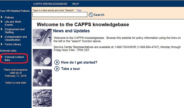 Image of the Knowledgebase home page. The image shows a highlighted box around the External content links drop-down menu.