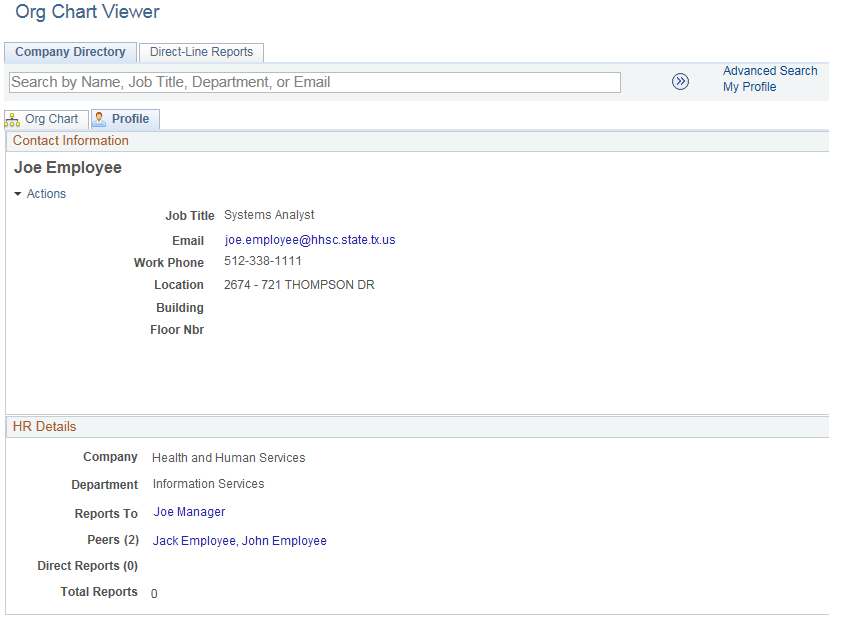 Image of the employee directory Profile tab.