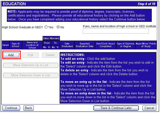 The Education page displays. A red box highlights the Add button.