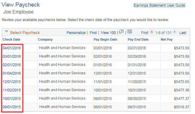 Image of the View Earnings Statement page. The image shows a highlighted box around the Pay Period End Date column.