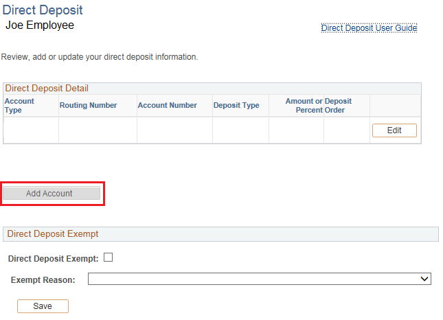 Image of the Direct Deposit page. The image shows a highlighted box around the Add Account button.