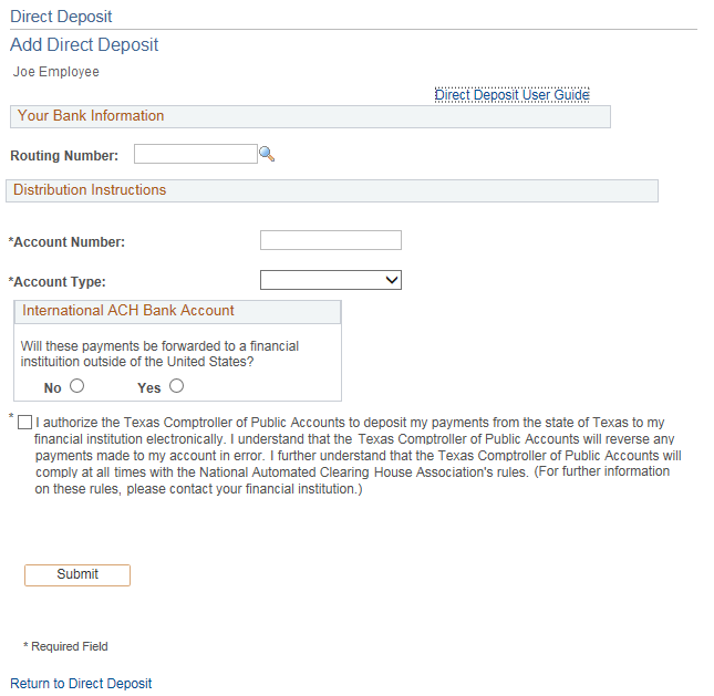 Image of the Add Direct Deposit page.