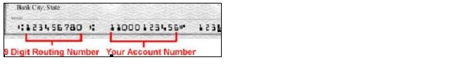 Image of the botton of a check showing the routing and account numbers.