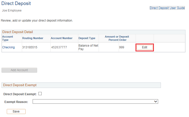 Image of the Direct Deposit page. The image shows a highlighted box around the Edit button.