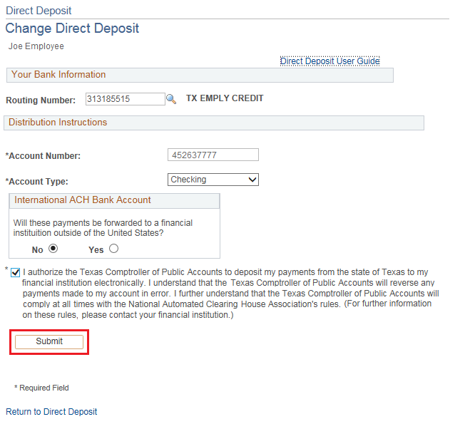 Image of the Add Direct Deposit page. The image shows a highlighted box around the Submit button.