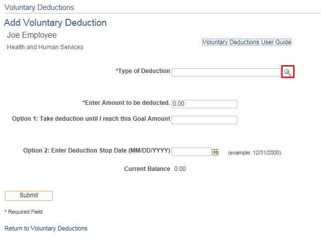 Image of the Add Voluntary Deduction page. The image shows a highlighted box around the look up icon.