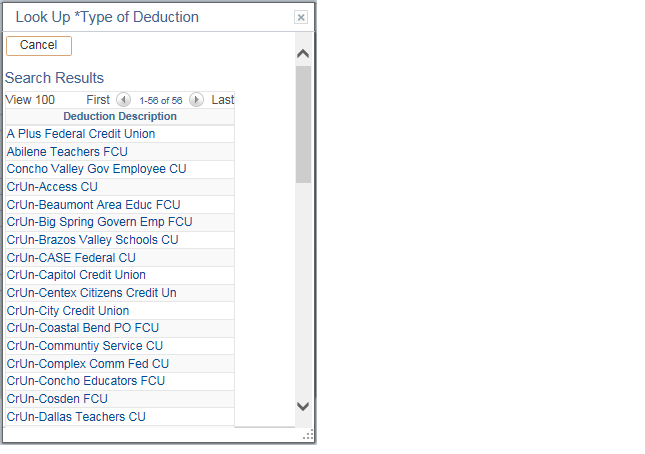 Image of the Look Up *Type of Deduction page.