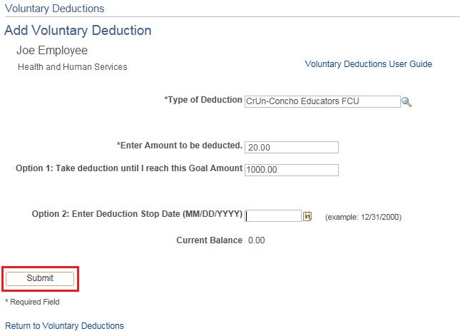 Image of the Look Up *Type of Deduction page. The image shows a highlighted box around the Submit button.