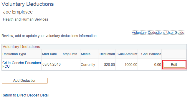 Image of the Voluntary Deductions page. The image shows a highlighted box around the Edit button.