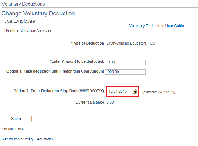 Image of the Change Voluntary Deductions page. The image shows a highlighted box around the Stop Date field.