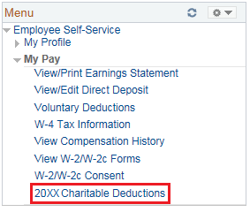 Image of the left navigation of the Home page with the Employee Self-Service Menu Expanded and then the My Pay menu expanded. The image shows a highlighted box around the 2012 Charity Deductions link.