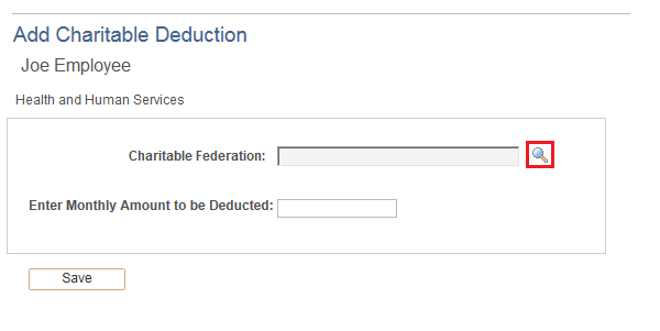 Image of the left navigation of the Add Charitable Deduction page. The image shows a highlighted box around the Charitable Federation look up icon.