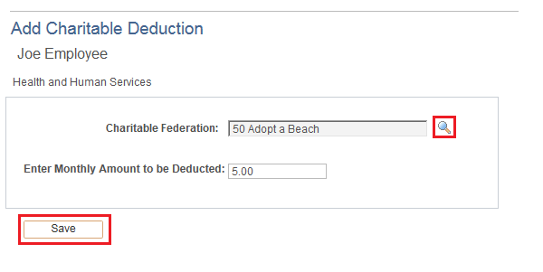 Image of the left navigation of the Add Charitable Deduction page. The image shows a highlighted box around the Save button.