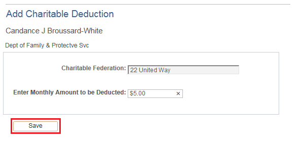 Image of the Add Charitable Deduction page. The image shows a highlighted box around the Save button.