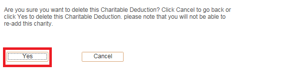 Image of the 2012 Charitable Deductions page. The image shows a highlighted box around the Yes button.