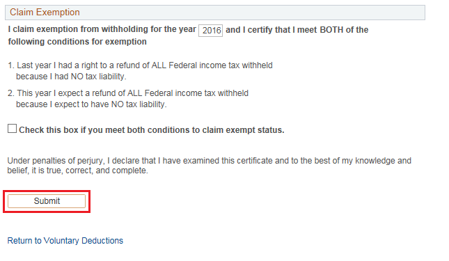 Image of the W-4 Tax Information page. The image shows a highlighted box around the Submit button.