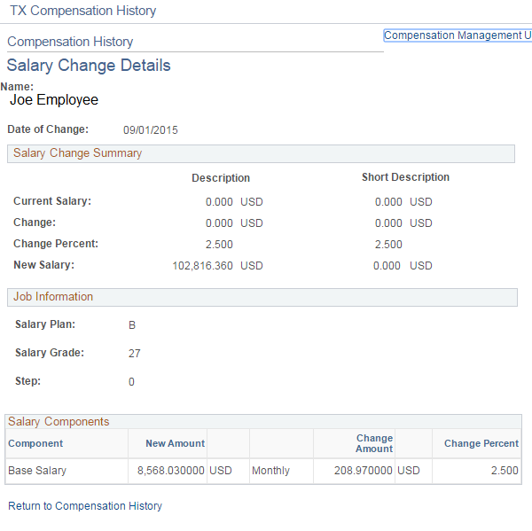 Image of the Salary Change Details page.