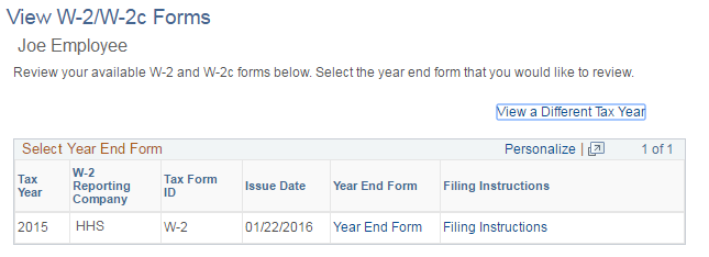 Image of the View W-2/W-2c Forms page. The image shows a highlighted box around the Year End Form link and the Filing Instructions link.