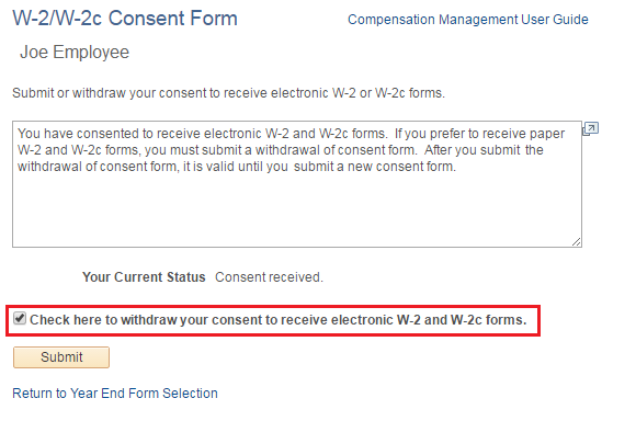 Image of the W-2/W-2c Consent page. The image shows a highlighted box around the check here to indicate your consent checkbox.