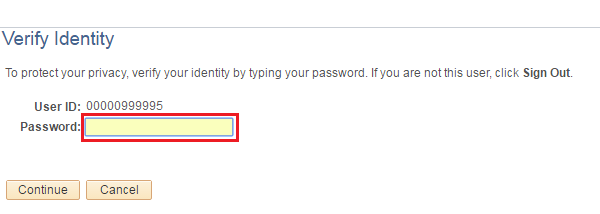 Image of the Verify Identity page. The image shows a highlighted box around the Password field.