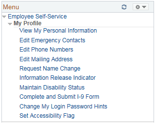 Image of the Employee Self Service Menu with the My Profile menu expanded. The Image shows a highlighted box around the View My Personal Information link.