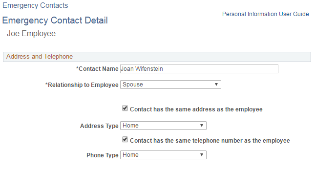 Image of the Emergency Contact page with the Contact has the same address as the employee checkbox checked and the Contact has the same telephone number as the employee checkbox checked.