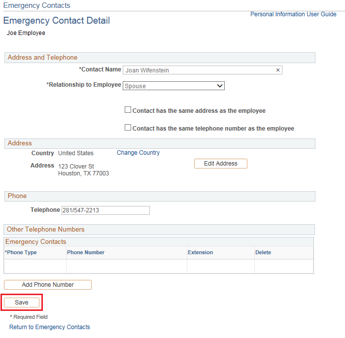 Image of the completed Emergency Contact page. The image shows a highlighted box around the Save button.