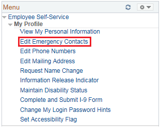 Image of the Employee Self-Service menu with the My Profile menu expanded. The image shows a highlighted box around the Edit Emergency Contacts link.