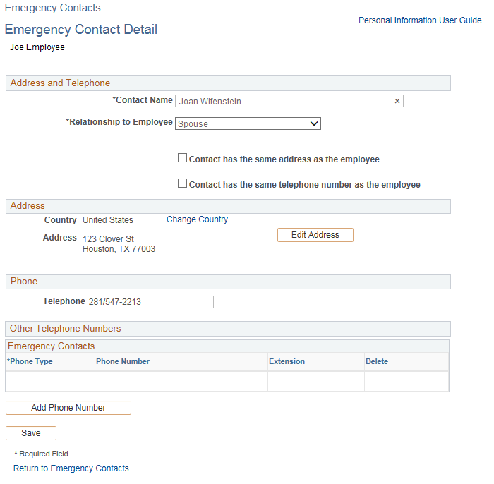 Image of the Emergency Contact page.