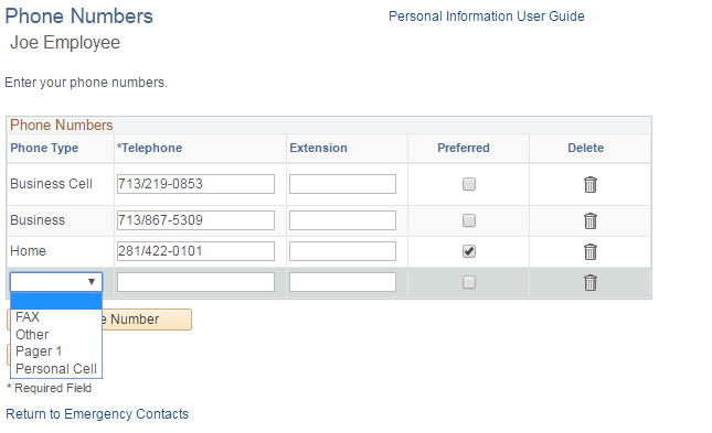 Image of the Phone Numbers Page. The image shows the Phone Type drop-down list.