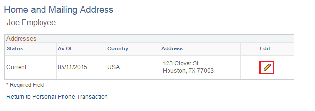 Image of the Mailing Address page. The image shows a highlighted box around the Edit icon.