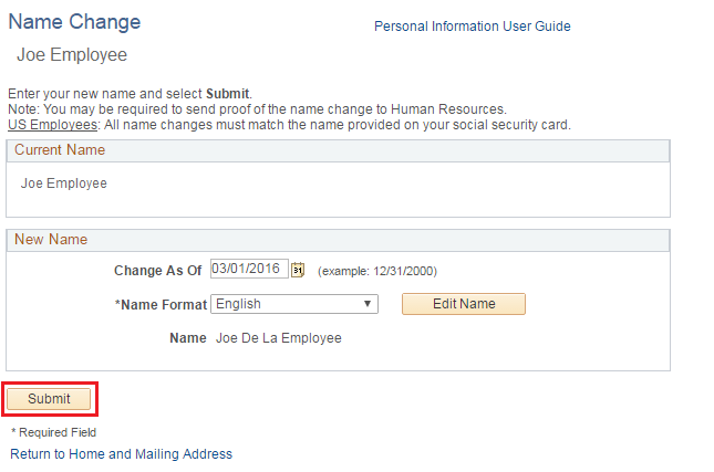 Image of the Name Change page. The image shows a highlighted box around the Submit button.