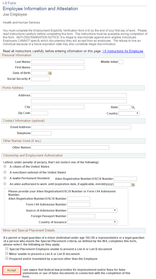 Image of the Employee Information and Verification page. The image shows a highlighted box around the Accept button.