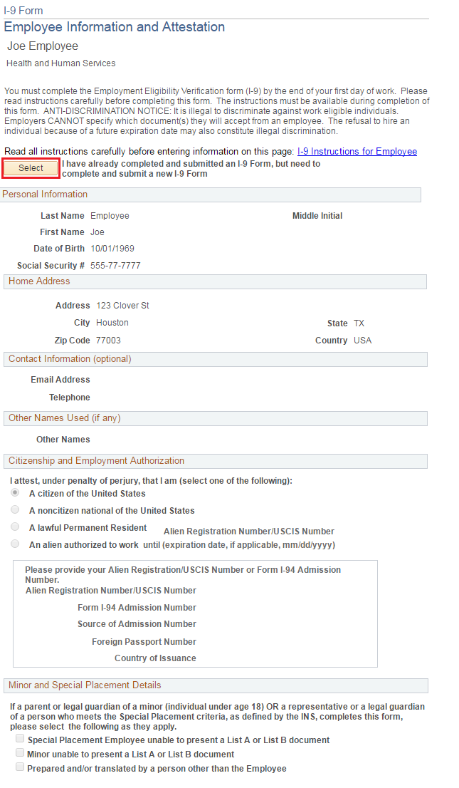 Image of the Employee Information and Verification page. The image shows a highlighted box around the Select button.