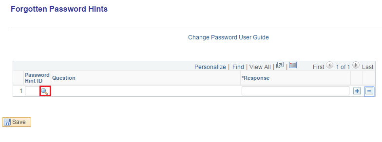 Image of the Forgotten Password Hints page. The image shows a highlighted box around the lookup icon.
