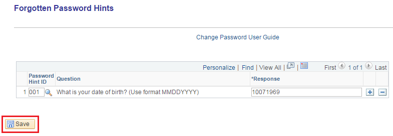 Image of the Forgotten Password Hints page. The image shows a highlighted box around the add password hint button and the Save button.