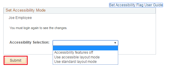 Image of the Set Accessibility Mode page. The image shows a highlighted box around the Submit button.