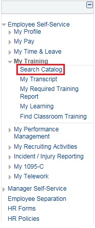 Image of the left navigation of the Home page with the Employee Self-Service Menu expanded and then the My Training menu expanded. The image shows a highlighted box around the Search Catalog link.