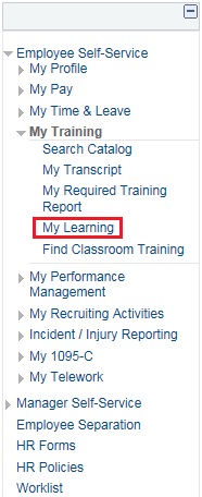 Employee Self-Service Menu expanded and then the My Training menu expanded. The image shows a highlighted box around the My Learning link.