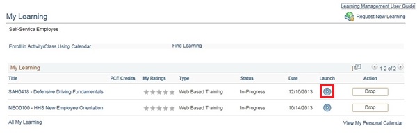 Image of the My Learning page. The image shows a highlighted box around the Drop, Enroll, and Launch buttons.