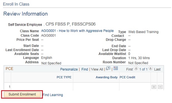 Image of the Review Information page. The image shows a highlighted box around the Submit Enrollment button.