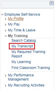 Image of the Employee Self-Service Menu expanded and then the My Training menu expanded. The image shows a highlighted box around the My Transcript link.