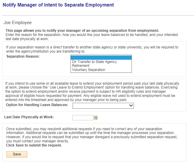 Image of the Notify Manager of Intent to Separate Employment page.