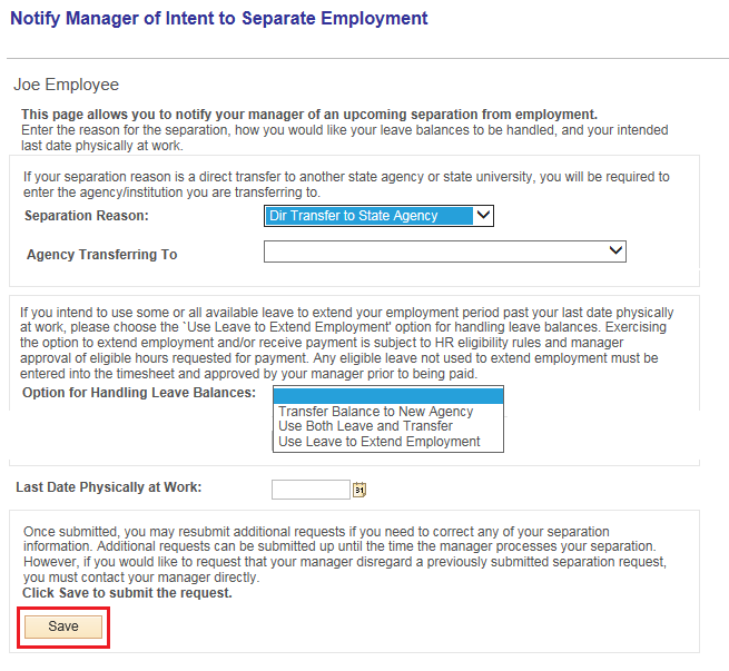Image of the Notify Manager of Intent to Separate Employment page. The image shows a highlighted box around the Save button.