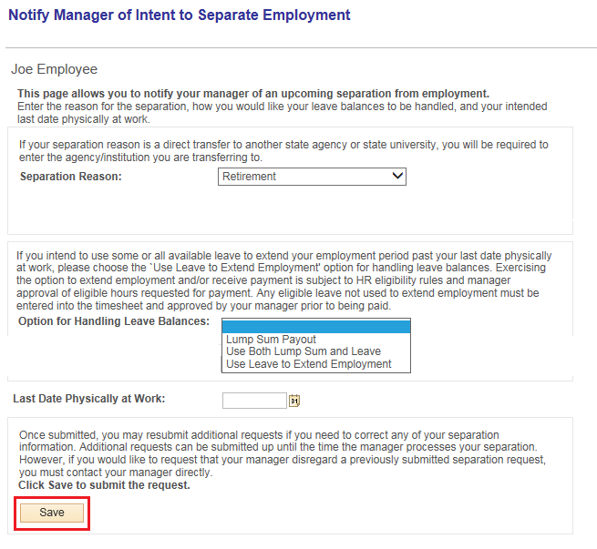 Image of the Notify Manager of Intent to Separate Employment page. The image shows a highlighted box around the Save button.