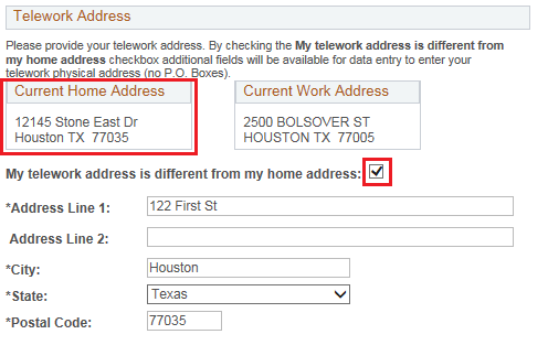 Image of the Telework Address page with the Current Home Address highlighted as well as the checkbox indicating that the Home address is different from the Work Address.